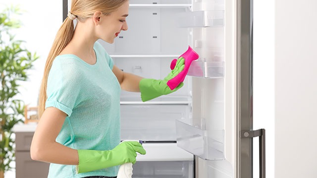 Une personne nettoie un réfrigérateur blanc avec des gants verts et un chiffon rose. Une bouteille et une plante sont visibles.