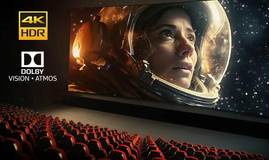 Een bioscoopscherm toont een astronaut in haar helm, met 4K HDR- en Dolby Vision Atmos-logo’s. Op de voorgrond staan rijen rode bioscoopstoelen.