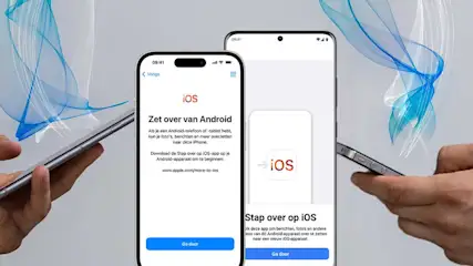 Twee telefoons tonen schermen om data over te zetten van Android naar iOS, met blauwe achtergrondpatronen.