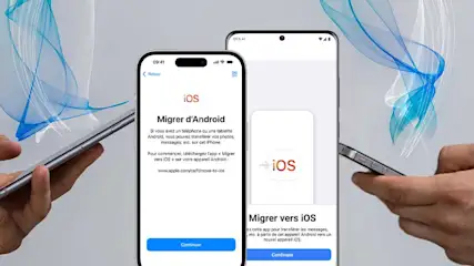 Deux smartphones affichent "Migrer vers iOS". Des mains tiennent les téléphones. Fond gris avec des formes bleues.