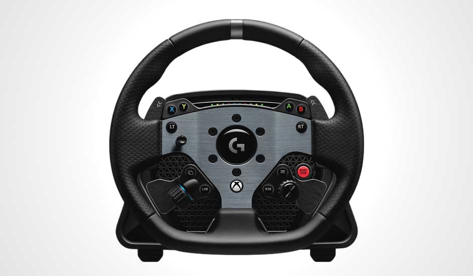 Volant de course noir avec commandes de jeu, logo "G" central, boutons X, Y, A, B, LT, RT. Fond blanc.