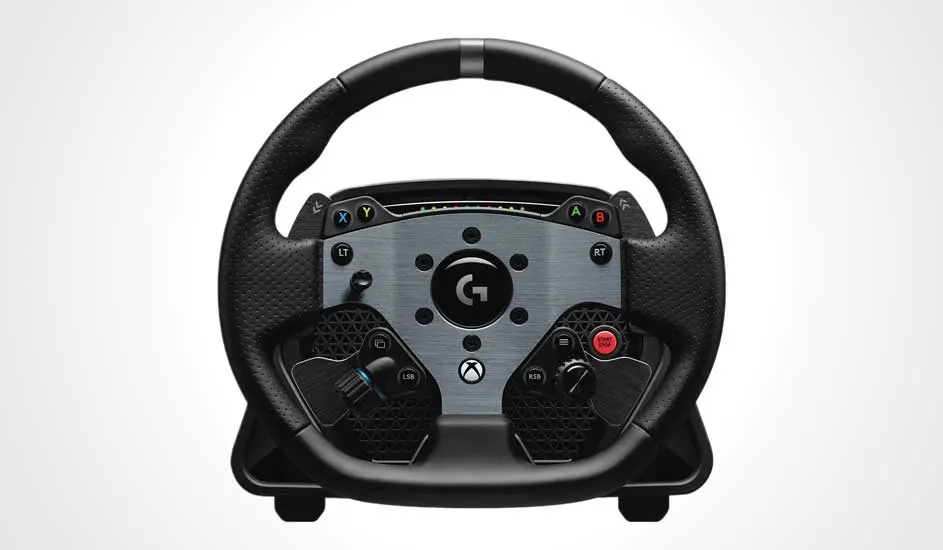 Volant de course noir avec commandes de jeu, logo "G" central, boutons X, Y, A, B, LT, RT. Fond blanc.