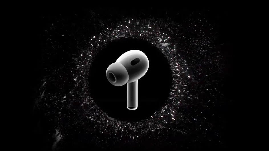 A white earbud is centered against a black background with star-like dots surrounding a dark circle.