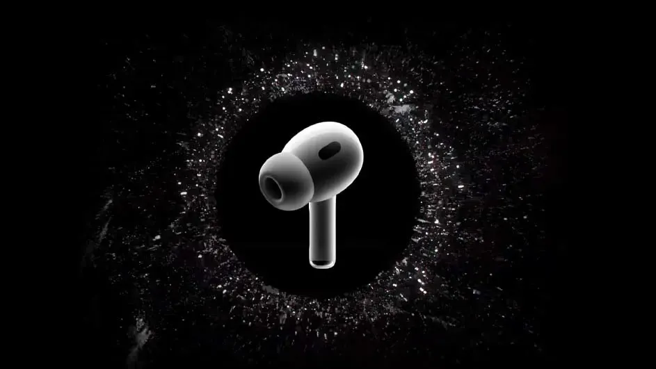A white earbud is centered against a black background with star-like dots surrounding a dark circle.