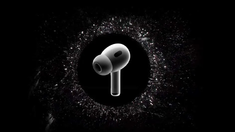 Un écouteur blanc au centre, sur un fond noir tacheté d'éclats lumineux blancs.