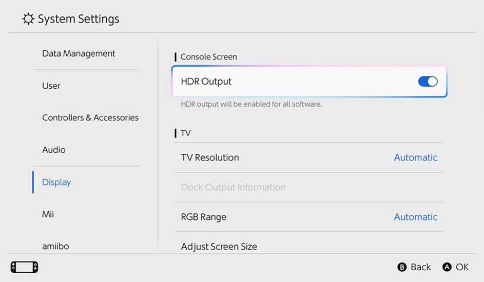 Nintendo Switch systeeminstellingen tonen opties zoals HDR-uitvoer, TV-resolutie en RGB-bereik op een overzichtelijk menu.