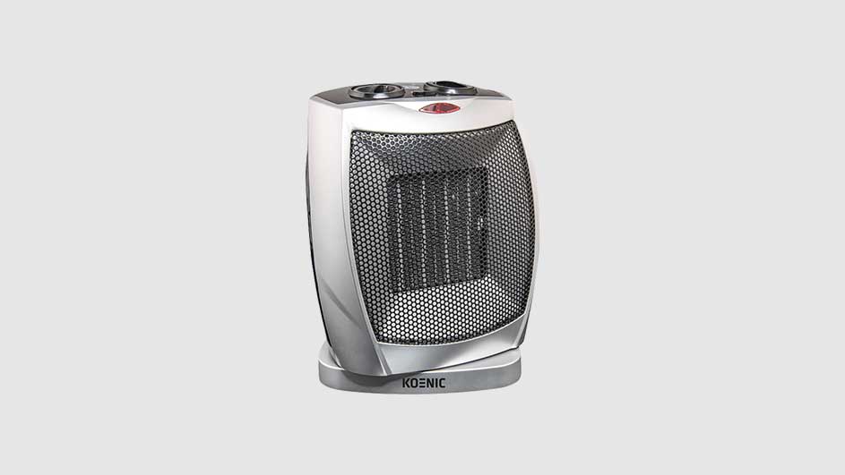 Radiateur électrique Koenic argenté et blanc sur fond gris, avec grille noire.