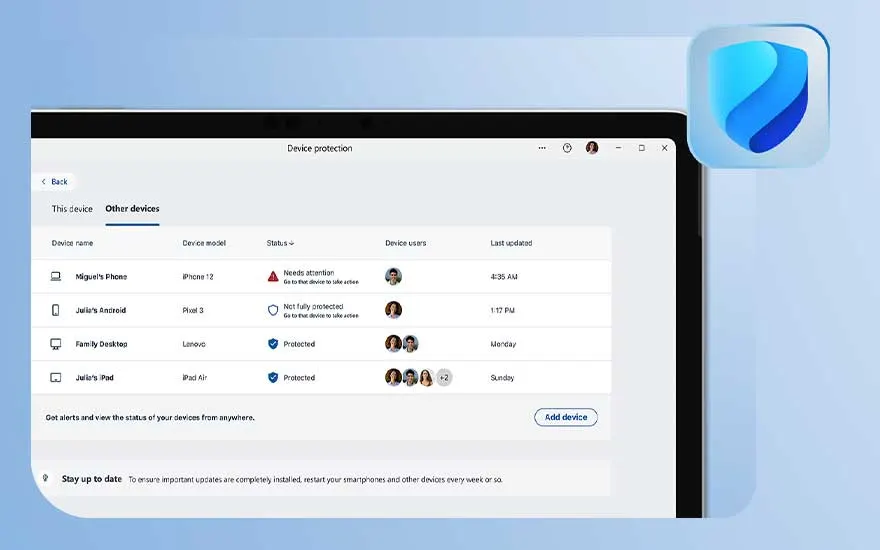 Un tableau de bord de sécurité affiche l'état de plusieurs appareils, dont des téléphones, des ordinateurs de bureau et des tablettes, le tout dans une interface moderne.