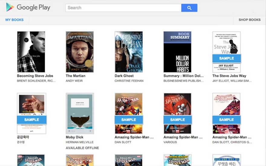 Captures d'écran de la boutique Google Play Books présentant une variété de couvertures de livres en format numérique.