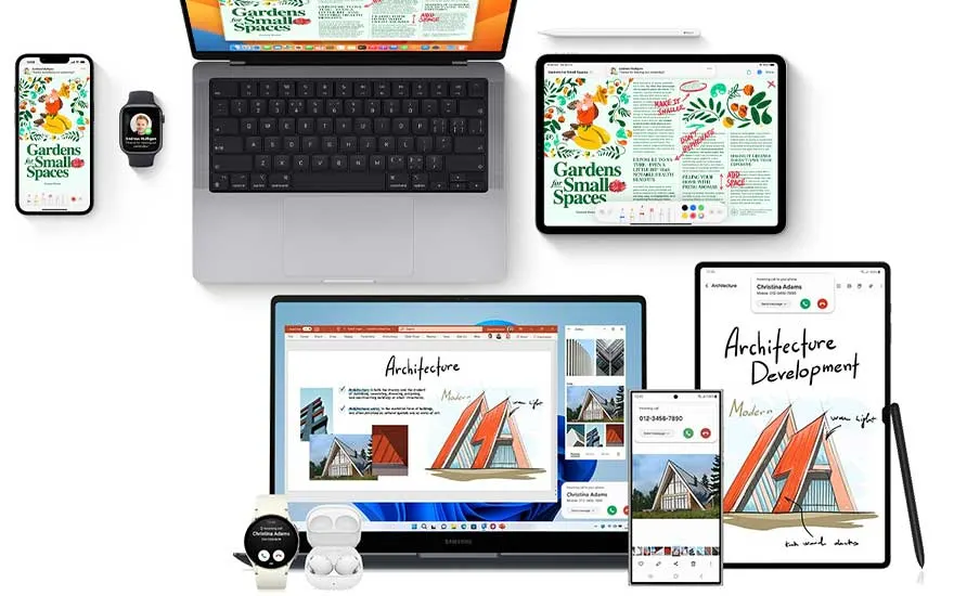 Diverse elektronische apparaten, waaronder laptops, tablets, telefoons en een horloge, tonen schermen met apps en documenten.