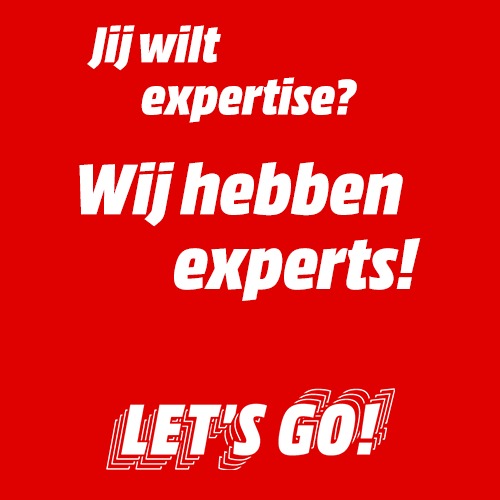 Rode achtergrond met witte tekst: "Jij wilt expertise? Wij hebben experts! LET'S GO!".