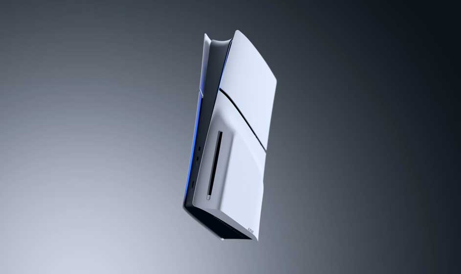 Een slanke witte next-gen spelconsole met gebogen panelen en verticale opstelling, blauw sfeerlampje accentueert futuristisch minimalistisch design.