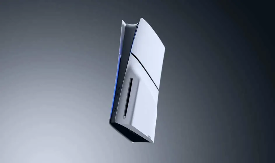 Een slanke witte next-gen spelconsole met gebogen panelen en verticale opstelling, blauw sfeerlampje accentueert futuristisch minimalistisch design.