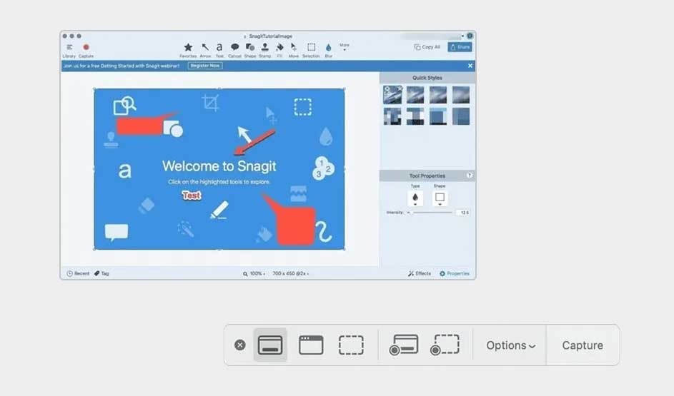 An Apple Mac shows Snagit open with a blue welcome canvas, tool palettes on the right, and the Mac screenshot toolbar below with Options and Capture.