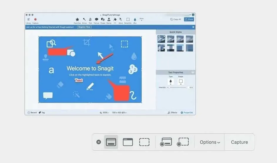 An Apple Mac shows Snagit open with a blue welcome canvas, tool palettes on the right, and the Mac screenshot toolbar below with Options and Capture.
