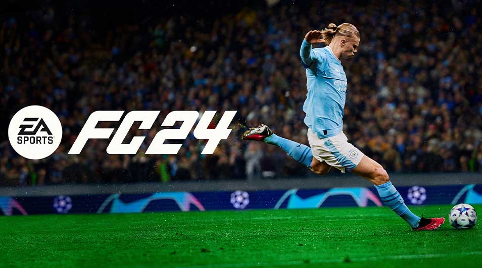 Voetbalfoto met "EA Sports FC 24" logo, groene grasmat en een voetbal. Op de achtergrond een vol stadion.