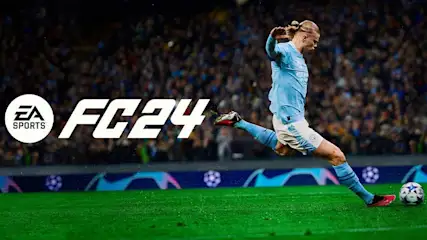 Logo EA Sports FC 24, ballon de foot sur gazon vert. Foule en arrière-plan.