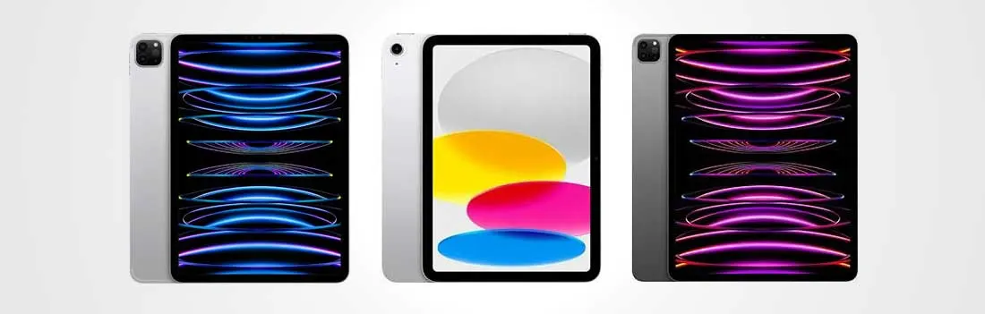 Drie tablets staan naast elkaar. De schermen tonen blauwe, gele, roze en paarse abstracte patronen op een witte achtergrond.