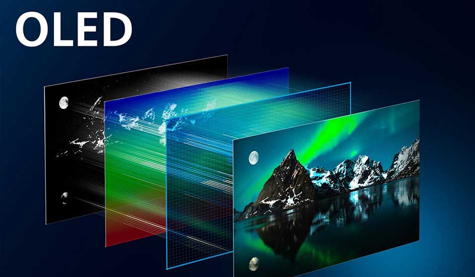 Illustration of OLED screen layers: black base, colored and grid layers, ending in a bright mountain scene with northern lights.