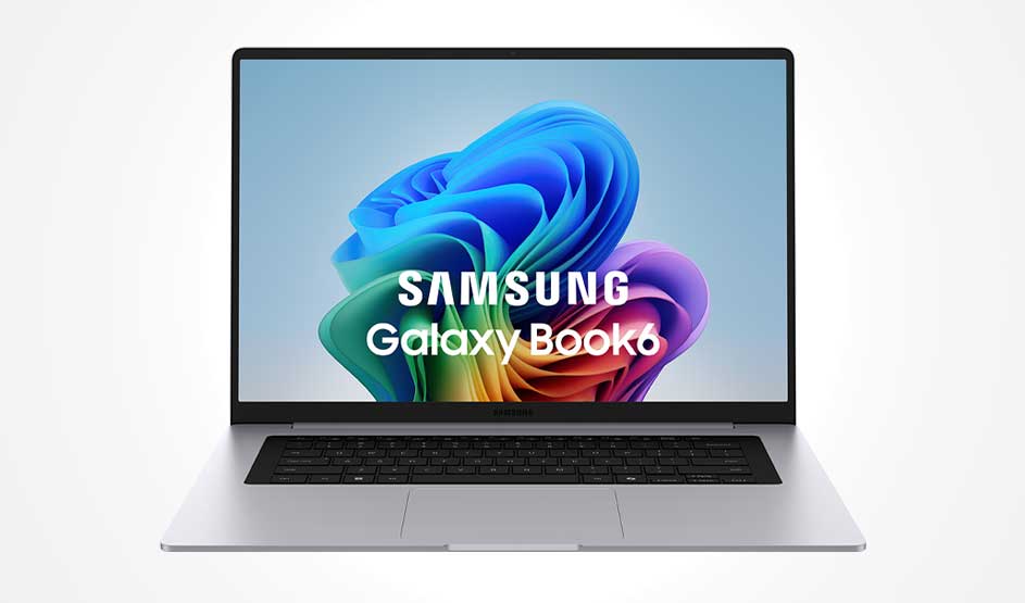 Ordinateur portable Galaxy Book6 argenté vu de face, écran affichant une forme abstraite colorée sur fond blanc épuré.