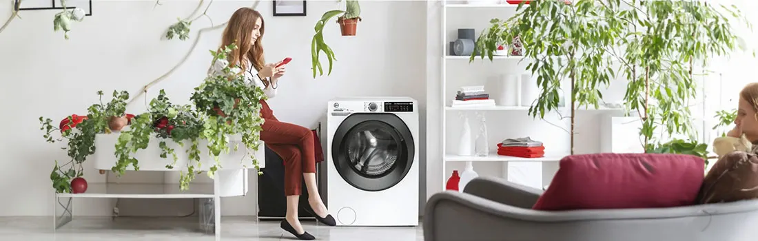 Un intérieur lumineux présente un lave-linge blanc, des étagères et des plantes vertes variées.