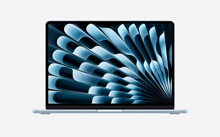 Ordinateur portable fin bleu clair avec écran quasi sans bordure, présentant un motif abstrait de formes bleues superposées en éventail.