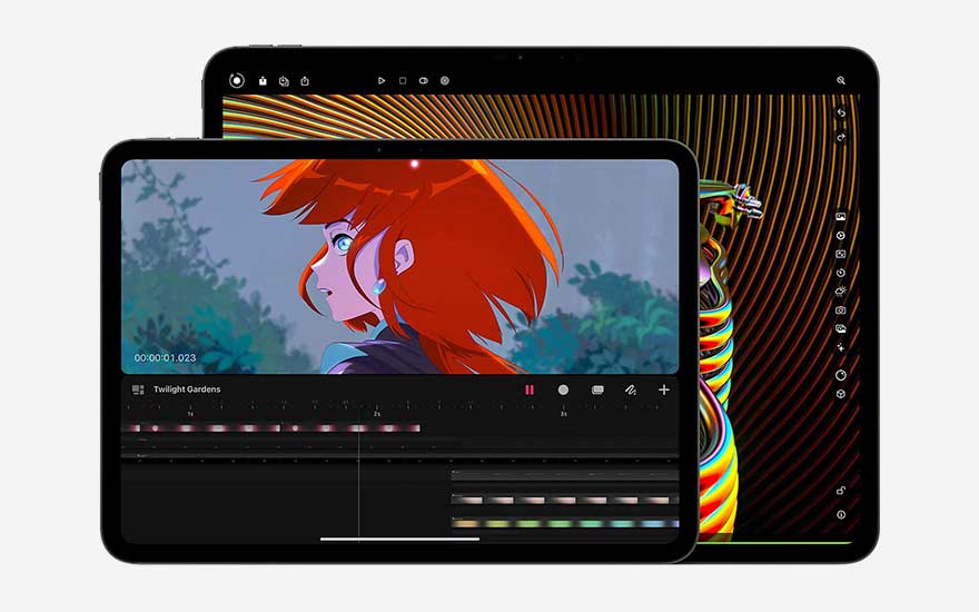 Deux tablettes affichent des interfaces logicielles : l'une montre une animation et l'autre, un motif abstrait rouge et noir.