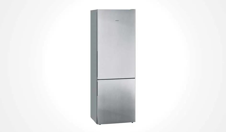 Tall, silver Siemens fridge with two doors, a freezer at the bottom, and a modern, sleek design.