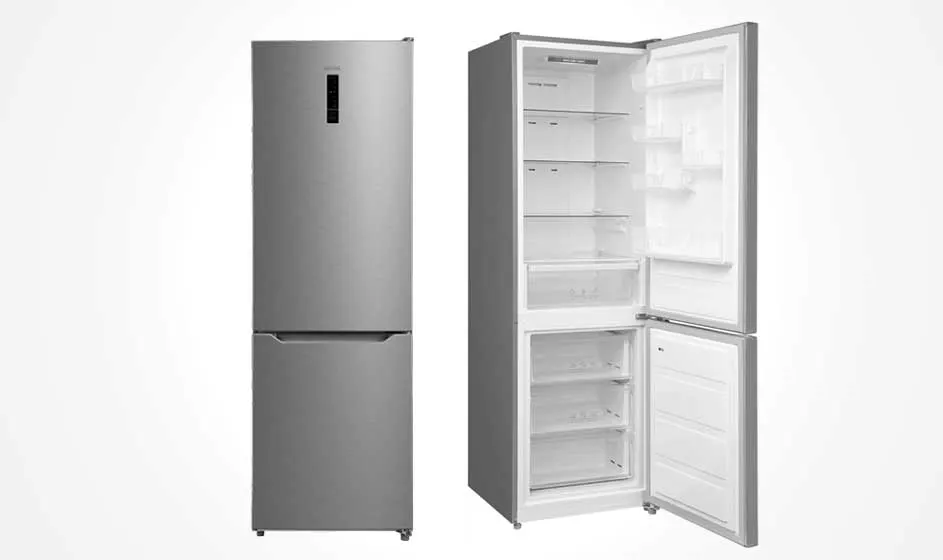 A silver refrigerator stands beside an open model. Its interior contains empty glass shelves, door compartments, and transparent drawers for chilled food.