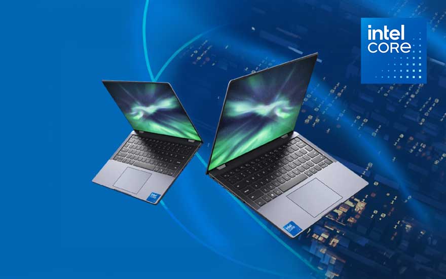 Deux ordinateurs portables gris avec écrans lumineux sur fond bleu, logo Intel Core.