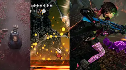 Drie contrasterende videogamescènes tonen drama, actie, platforming en sciencefiction-gevechten in een kleurrijk en intens geheel.