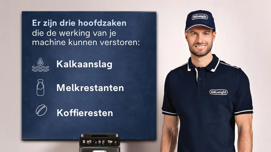 Blauw bord met tekst over kalk, melk en koffieresten. Onder het bord staat een koffiezetapparaat. Een man draagt een blauw uniform.