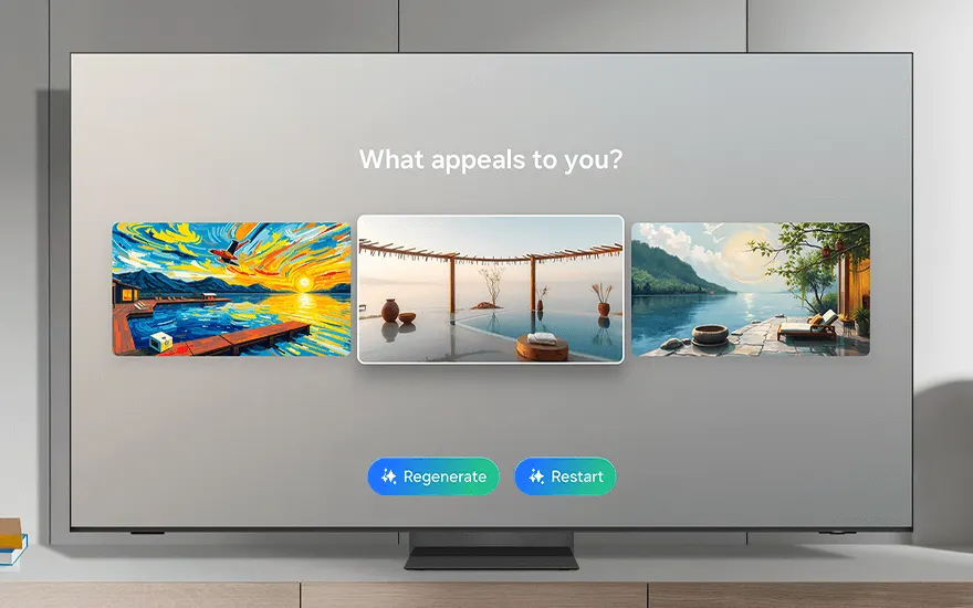 Grijze tv toont drie afbeeldingen van landschappen: een zonsondergang, een zwembad en een meer, met de vraag "Wat spreekt je aan?".