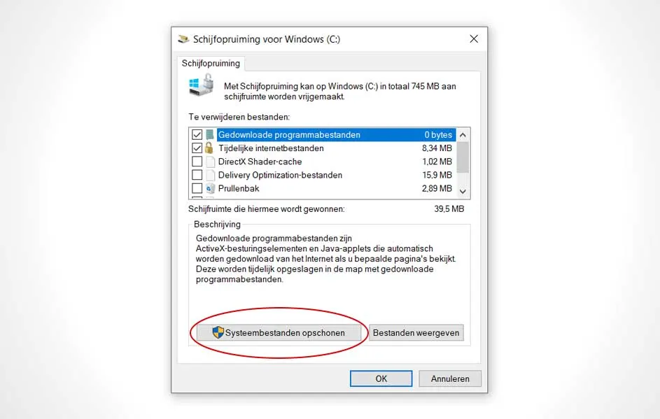 Windows Schijfopruiming venster met details over te verwijderen bestanden en de potentiële ruimtebesparing.
