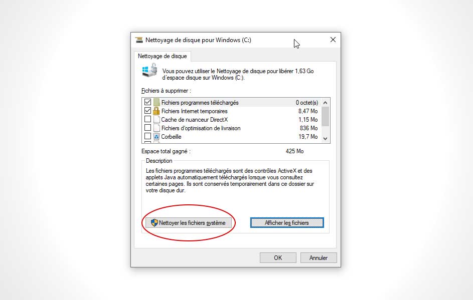 Fenêtre "Nettoyage de disque" affichant des options de fichiers à supprimer pour libérer de l'espace sur Windows (C:).