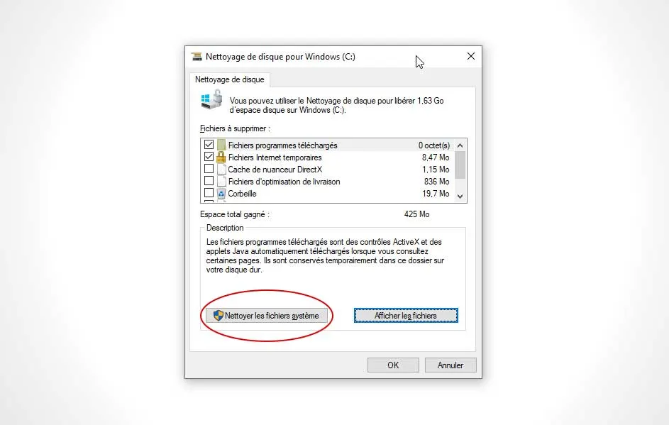Fenêtre "Nettoyage de disque" affichant des options de fichiers à supprimer pour libérer de l'espace sur Windows (C:).
