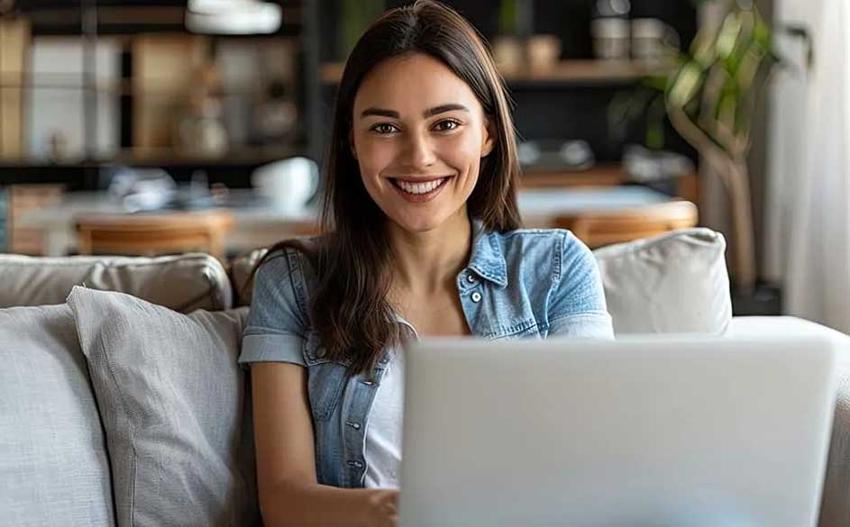 Een laptop op een grijze sofa, met op de achtergrond een houten tafel, een witte mok en een groene plant.
