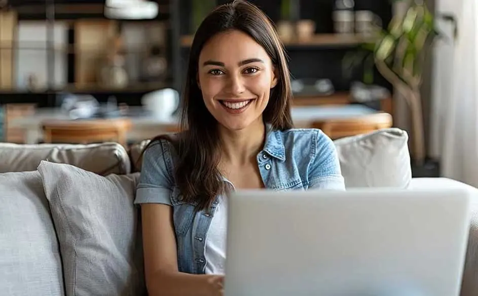 Een laptop op een grijze sofa, met op de achtergrond een houten tafel, een witte mok en een groene plant.