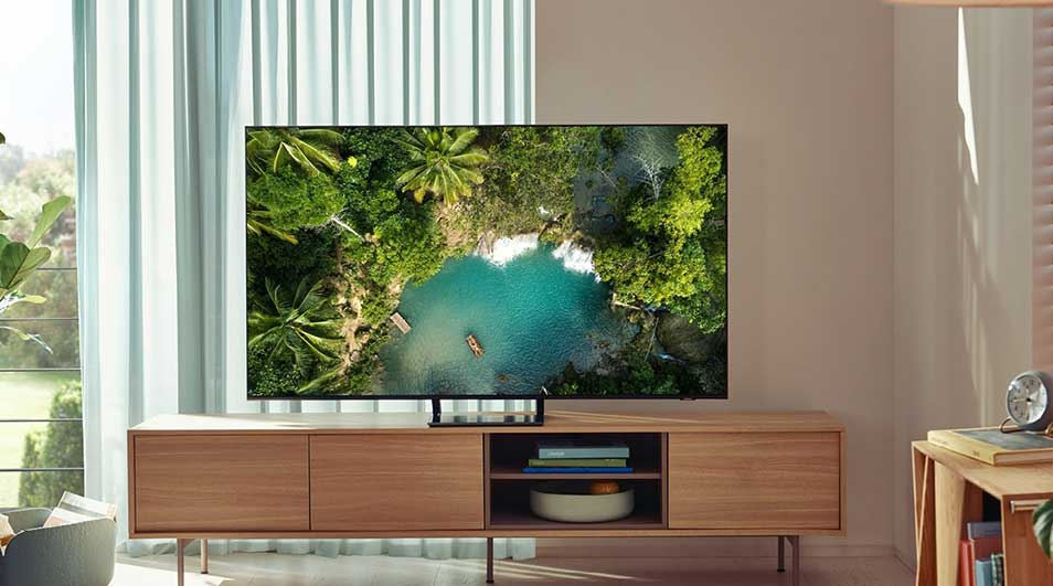 Écran TV montrant une vue aérienne d'un lac bleu entouré d'arbres verts, posé sur un meuble TV en bois clair dans un salon.