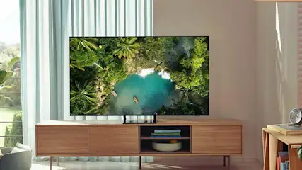 Écran TV montrant une vue aérienne d'un lac bleu entouré d'arbres verts, posé sur un meuble TV en bois clair dans un salon.