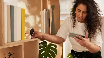 Een houten rek bevat boeken, een groene vaas en een witte camera. Een vrouw houdt een groene telefoon vast. Er is een grote groene plant.