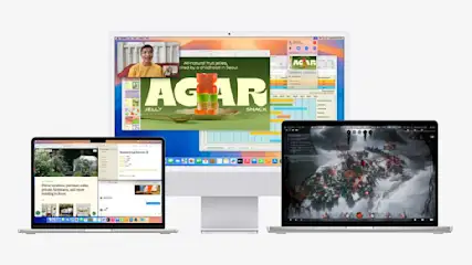 Apple iMac en twee MacBooks tonen verschillende apps en games op hun schermen; het Apple-logo is op alle toestellen zichtbaar.