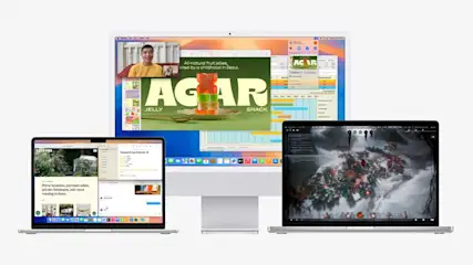Un iMac Apple et deux MacBook affichent diverses applications et un jeu ; le logo Apple est visible sur chaque appareil.
