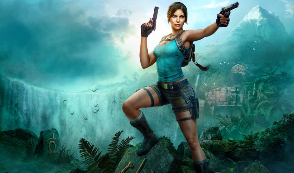 A fearless explorer wielding twin pistols poses on a jungle rock, framed by a vast waterfall, misty mountains and oude ruïnes.
