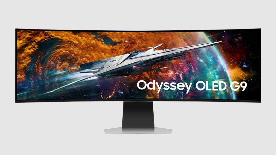 Een gekromde Odyssey OLED G9 monitor met een ruimteschip tegen een kleurrijke achtergrond. De voet is zwart en zilver.