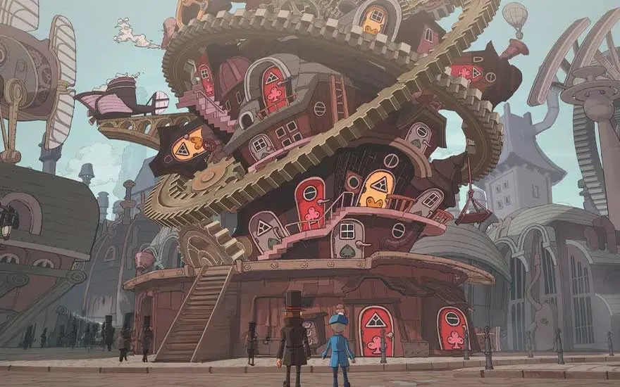 A towering spiral building with giant gears and bright red doors dominates the steampunk city as two small figures gaze up in wonder.