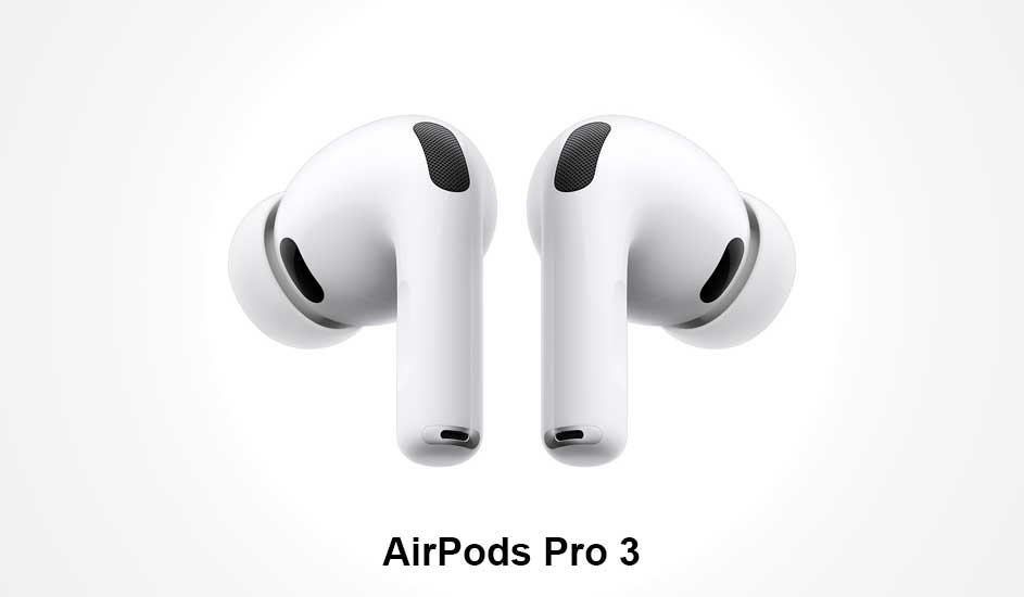 Twee witte AirPods Pro 3 oordopjes zweven naast elkaar op een lichte achtergrond, met zachte schaduwen en hun siliconen eartips zichtbaar.
