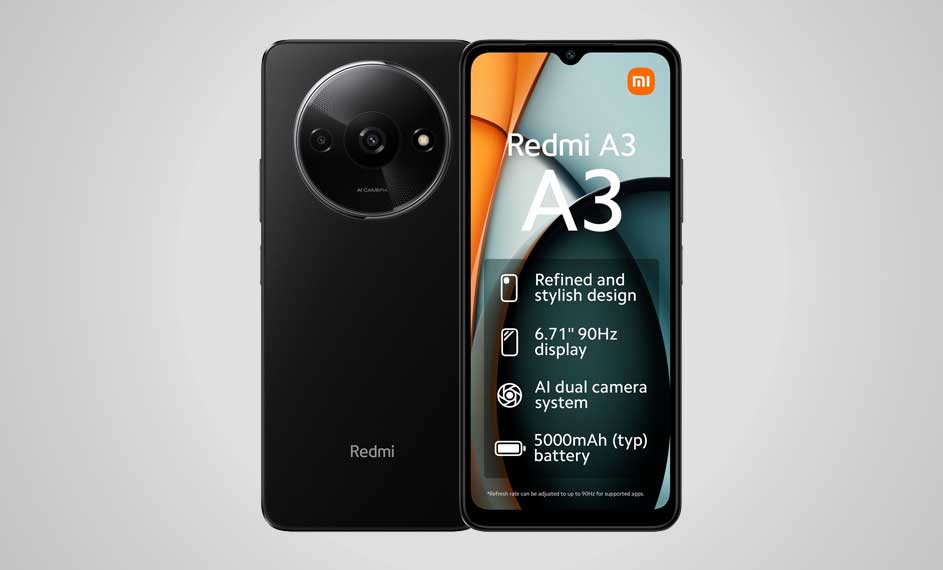 Zwarte Redmi A3 smartphone, voor- en achterkant zichtbaar, met camera info op het scherm.