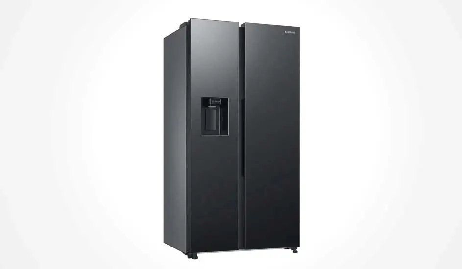 Tight black refrigerator with double doors and water dispenser. Modern and elegant design, suitable for any stylish kitchen.