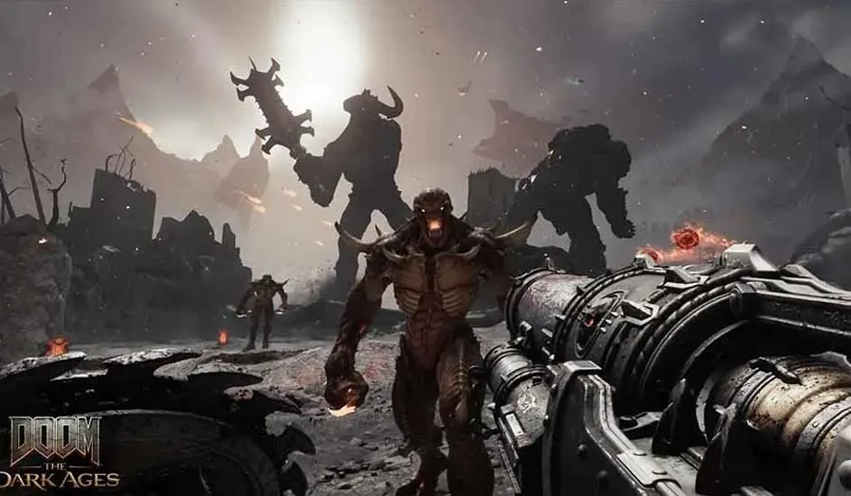 Un paysage de jeu vidéo sombre avec des créatures. Une arme argentée est au premier plan.